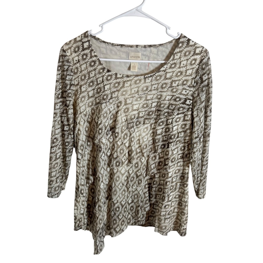 Chicos Womens Long Sleeve Printed Tunic Top‎ Size 1 Beige Brown Geometric